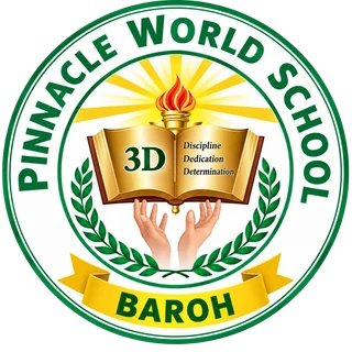 Pinnacle World School emblem: two hands raising an open book and a torch, with Discipline, Dedication and Determination